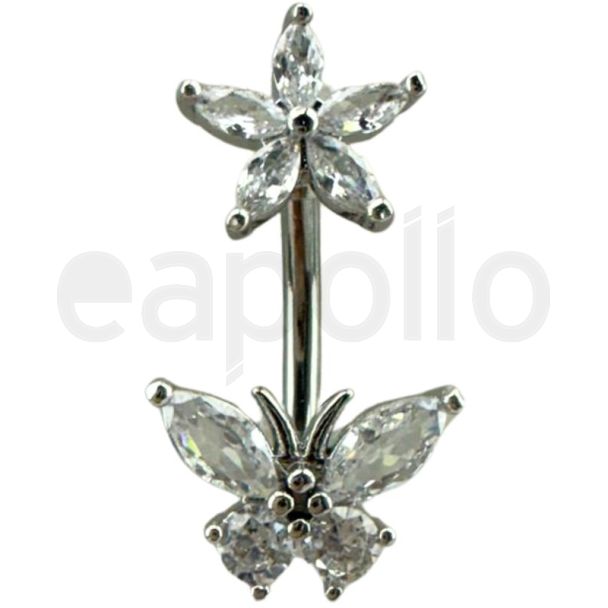 Crystal Butterfly Design Belly Bar  - Silver - 20mm