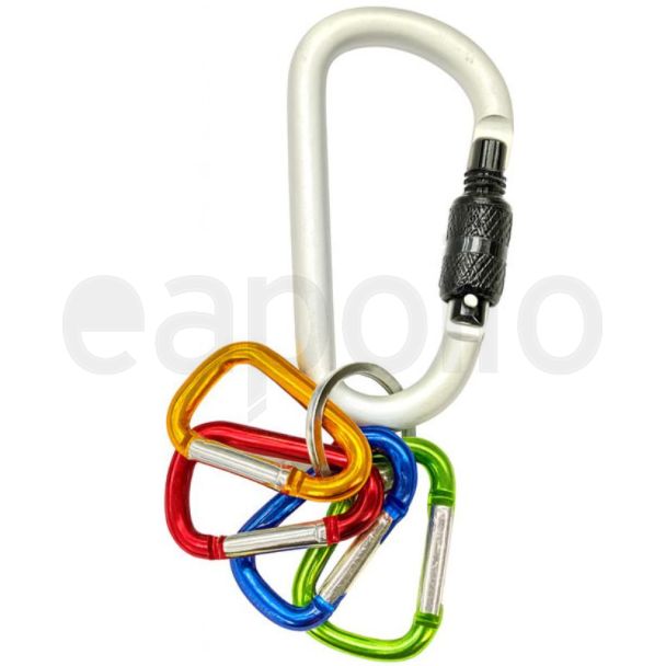 D Shape Carabiner Screw Lock + 4 Mini Carabiner Set Lightweight Aluminum Clips - Assorted 