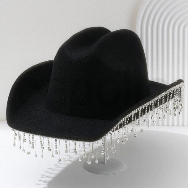 Dangling Chain Diamante Stones Cowboy Hat - Black Colour