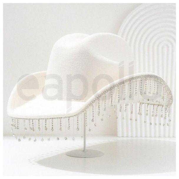 Dangling Chain Diamante Stones Cowboy Hat - White Colour