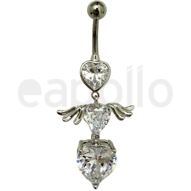 Dangling Heart Design Belly Bar- Silver - 45mm