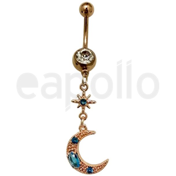 Dangling Moon With Turquoise Stones Design Belly Bar- Rose Gold - 50mm