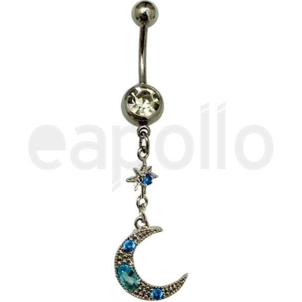Dangling Moon With Turquoise Stones Design Belly Bar- Silver - 50mm