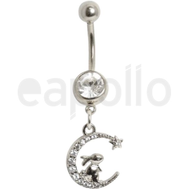 Dangly Crescent and Bunny Rabbit Design Belly Bar - 10mm