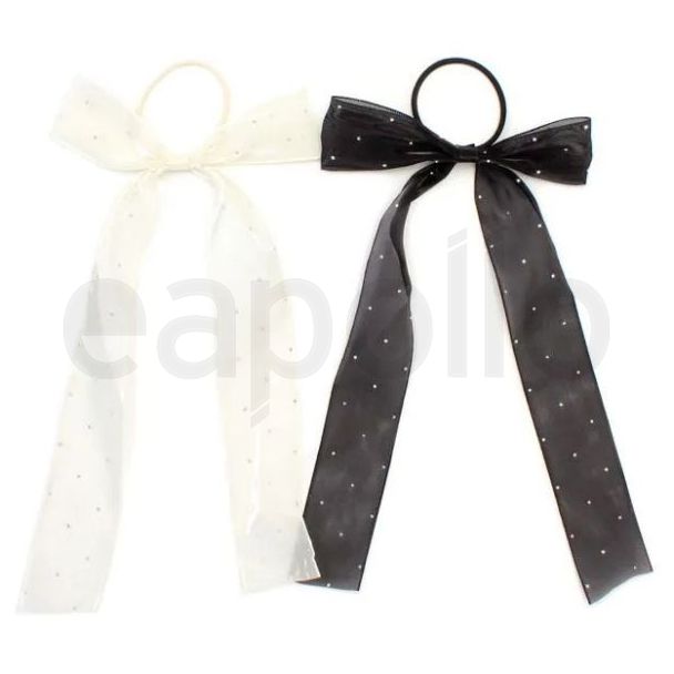 Diamante Hair Bow with Elastic – Black & Ivory - 14cm