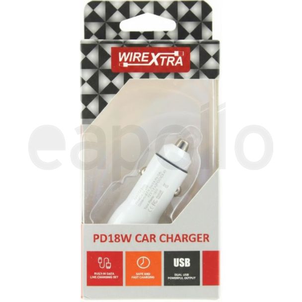 Dual Car Charger USB and Type C PD18W - White
