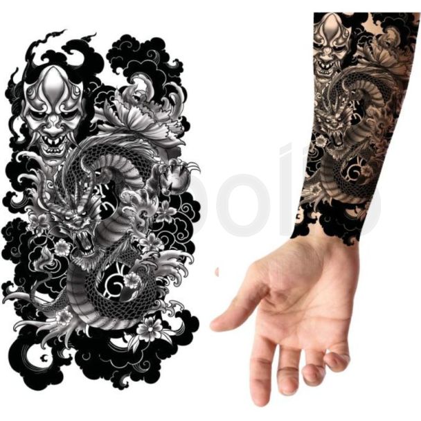 Eastern Style Dragon and Hannya Mask Temporary Tattoo - 9x14cm