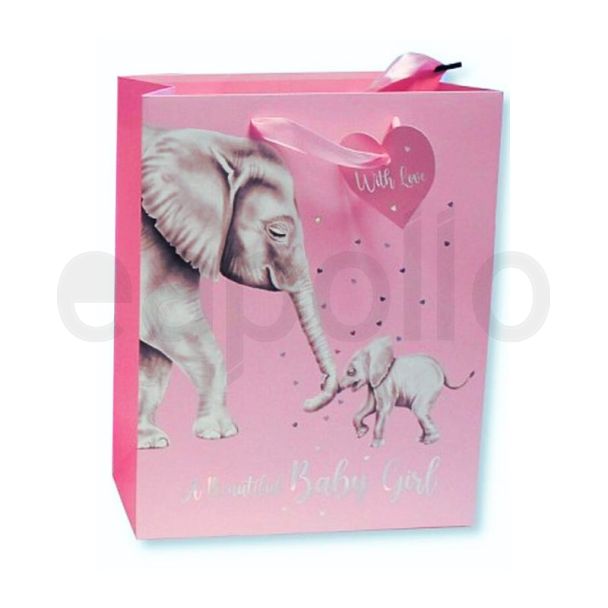 Elephant Design Baby Girl Pink Gift bag (Large)