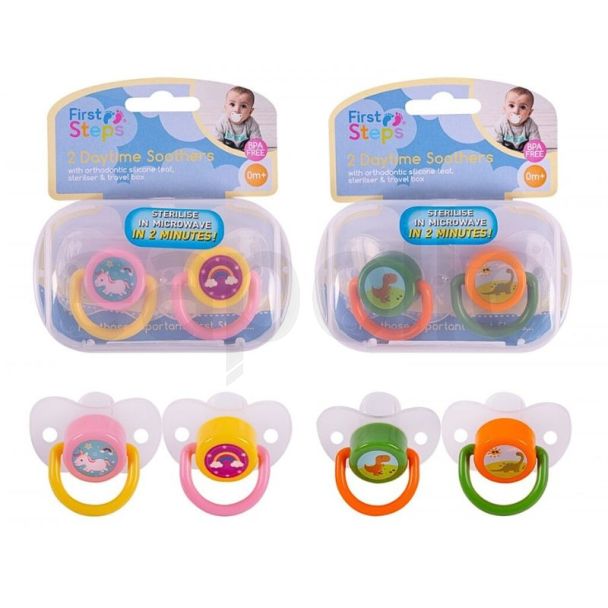 First Steps Daytime Soothers With Steriliser Box (2PK) - Assorted