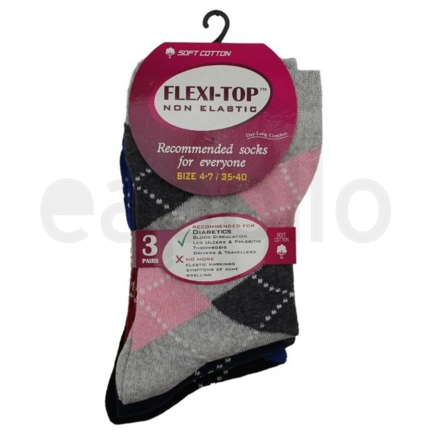 Ladies Flexi-Top Non Elastic Argyle Design Diabetic Socks (3 Pack) - Asst.