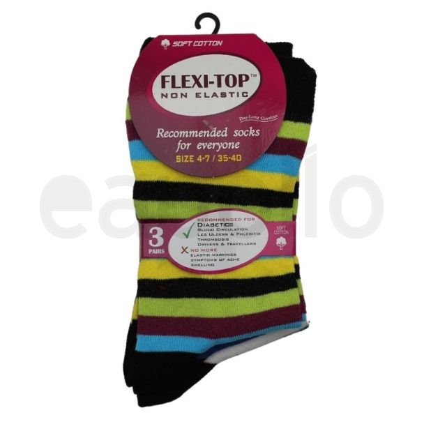 Ladies  Flexi-Top Non Elastic Striped Diabetic Ankle Socks (3 Pack)- Asst.