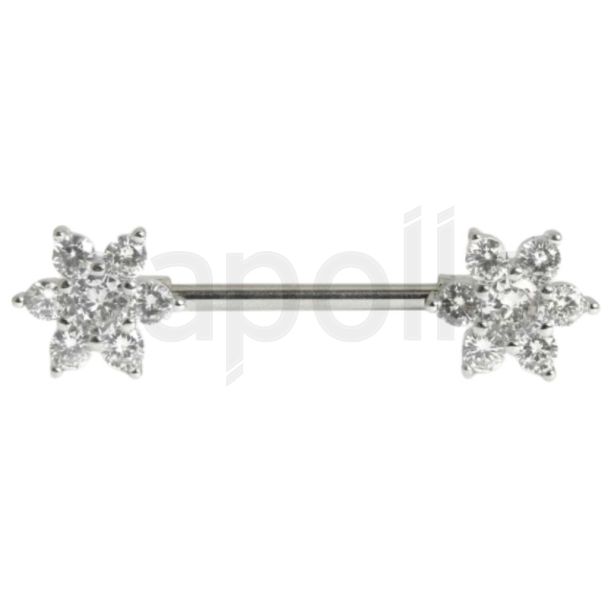 Flower Design Nipple Bar with Clear gemstones - 14mm