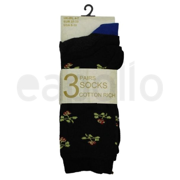 Ladies Cotton Rich Flowers Design Ankle Socks (3 Pack) - Asst.