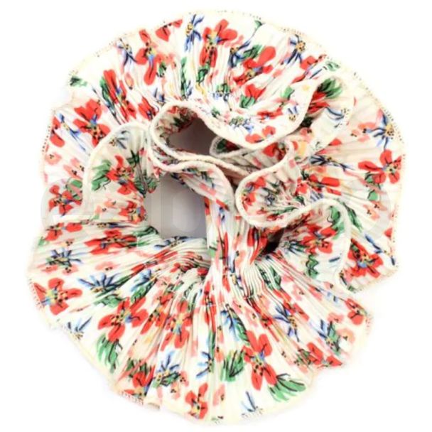 Flower Print White Ribbed Double Layered Scrunchie (14cm)