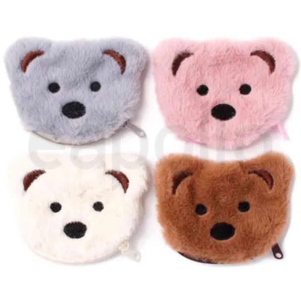 Fluffy Teddy Bear Face Zip Purse - Assorted - 9x8cm