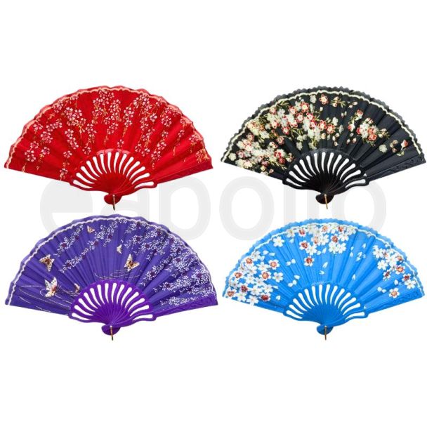 Folding Hand Fans 'Butterfly & Flower With Glitter' Design  - Assorted (23cm)