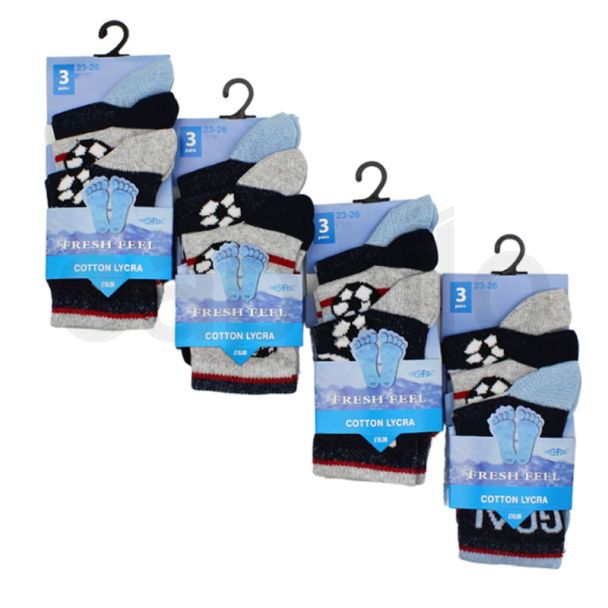 Boys "Football" Design Lycra Ankle Socks Pack of 3 - Assorted (12-3)