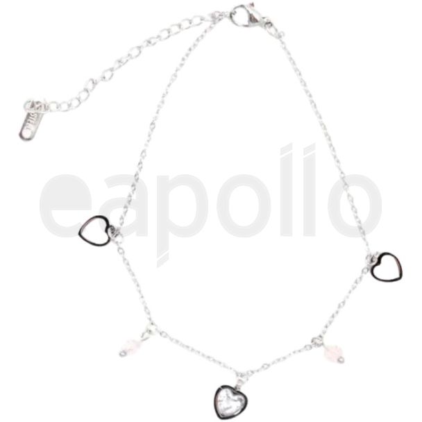 Silver Anklet with Heart Charms and Pink Beads