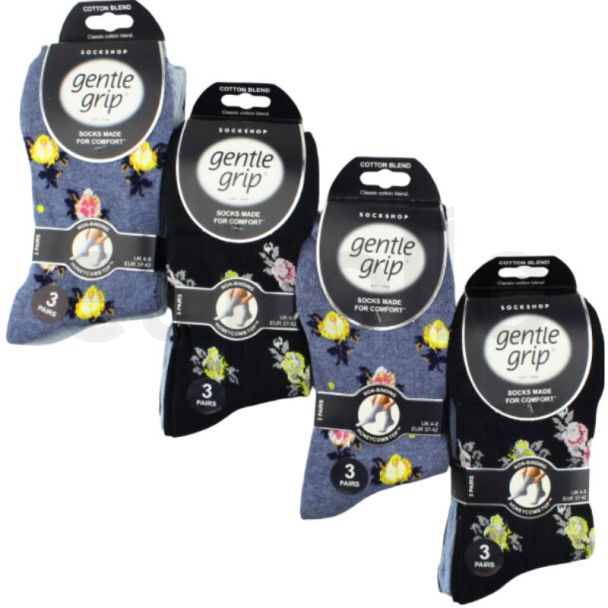 Gentle Grip Flower Design Socks For Ladies (3 Pack) - Assorted