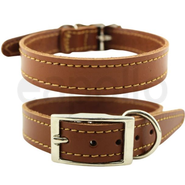 Genuine Leather Dog Collar 3/4" Wide Stitched - Tan - Various Sizes