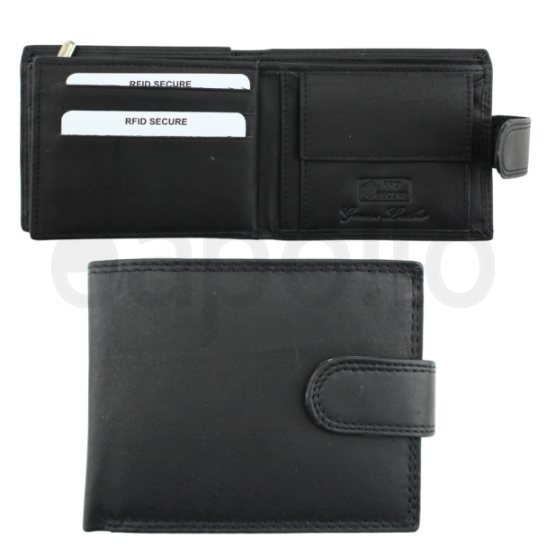 Genuine Leather RFID Trifold Vertical Wallet - Black 