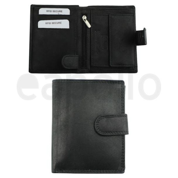 Genuine Leather RFID Trifold Vertical Wallet with Stud Closure- Black 