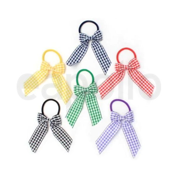 Gingham Bow Elastic With Tail  (4mm) - Assorted