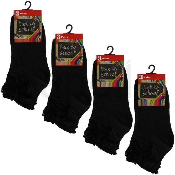 Wholesale Girl's Black Back To School Frilled Socks (3 Pair Pack) - (UK - 4-6) 