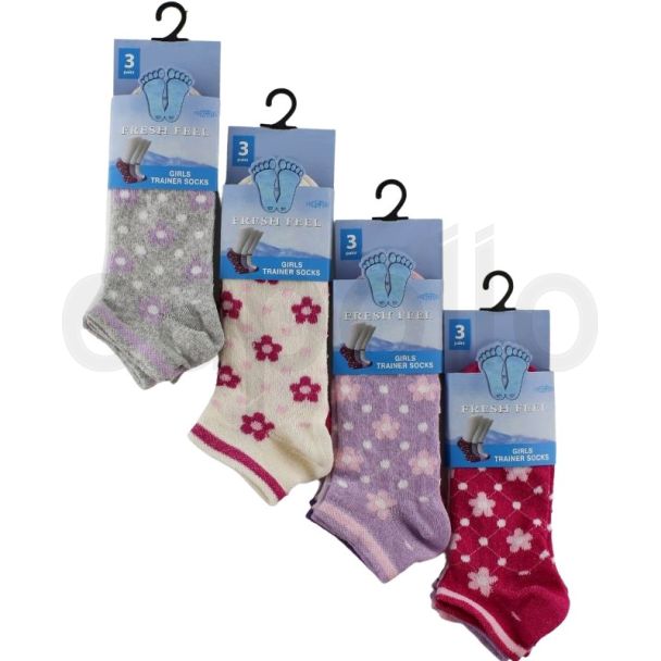 Wholesale Girls Floral Design Trainer Socks - Fresh Feel (3 Pair Pack) - Asst. (Size 12-3)