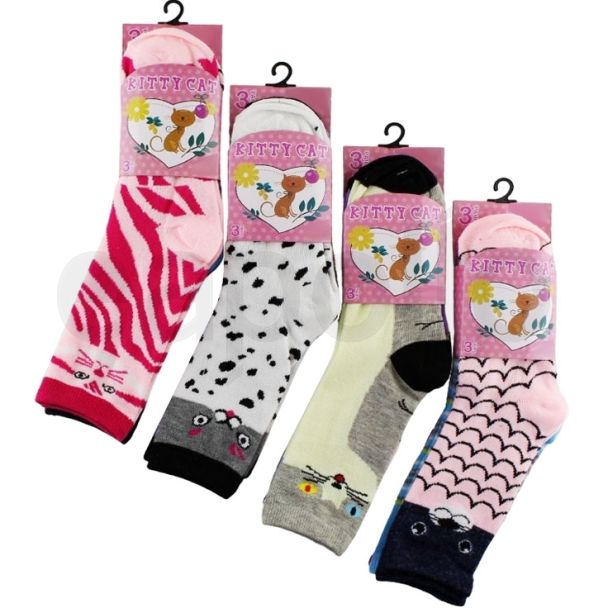 Wholesale Girls Kitty Cat Design Socks (3 Pair Pack) - Asst. (UK - 9-12)
