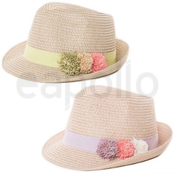 Wholesale Girls Straw Trilby With Coloured Band and Pom Poms Assortment
