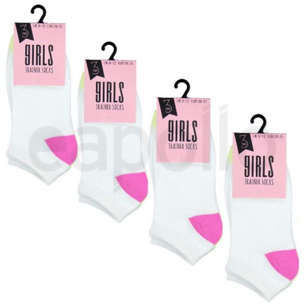 Girls White Trainer Socks Coloured Heel & Toe(3 Pair Pack)-Assorted Sizes 