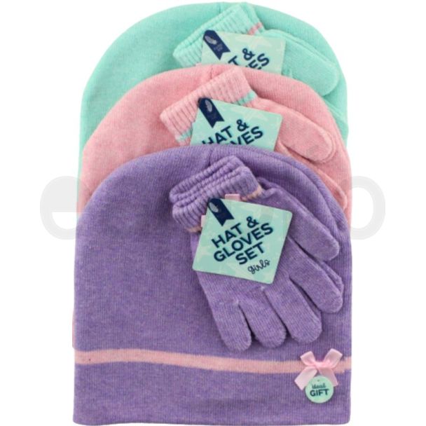 Girls Beanie Hat & Glove Set - Assorted Colours 