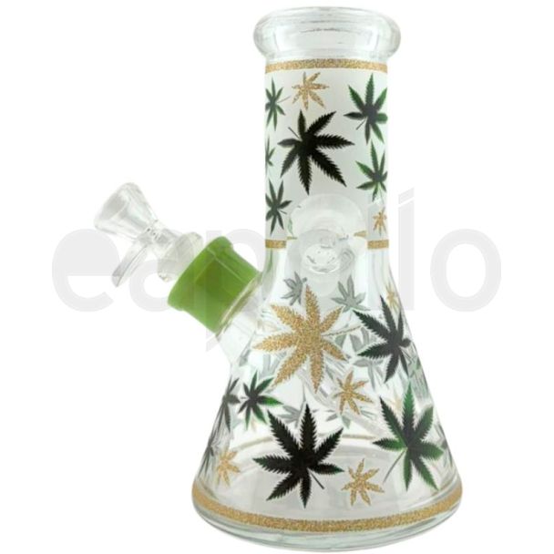 Glass Waterpipe Green & Gold Leaf Design (8inch)