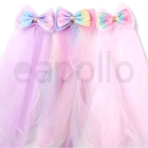 Glitter Rainbow Bow Clip With Layered Net Veil - Assorted Colours