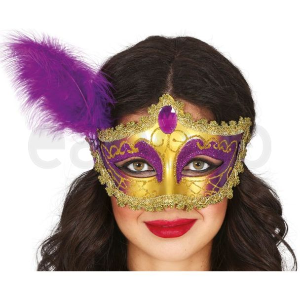 Gold And Purple Mask With Feather For Adults