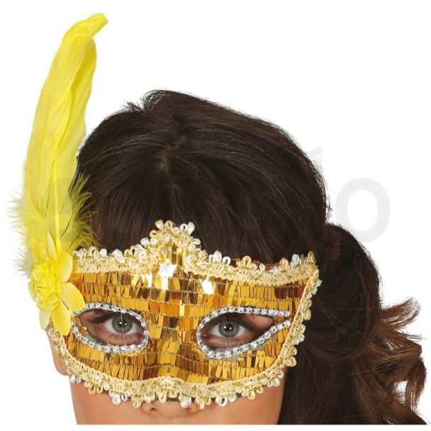 Gold Sequined Mask With Feathers & Flower For Adults
