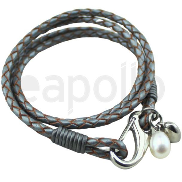 Gray Braided Leather Bracelet with Freshwater Pearl and Silver Heart Charm