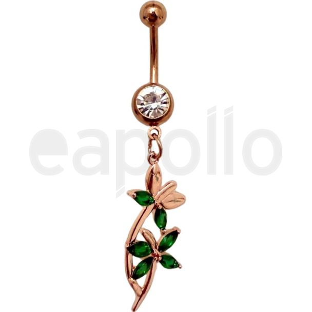 Green Dangly Flower Design Belly Bar - Rose Gold  - 50mm