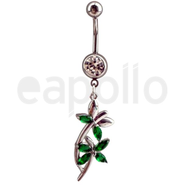Green Dangly Flower Design Belly Bar - Silver  - 50mm