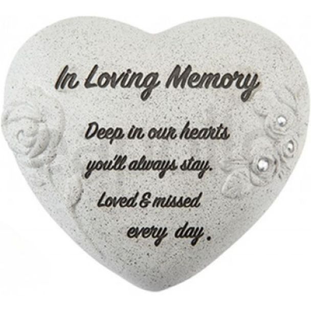 Heart-Shaped Memorial Stone with Diamantes & Rose Detail – In Loving Memory (16cm)