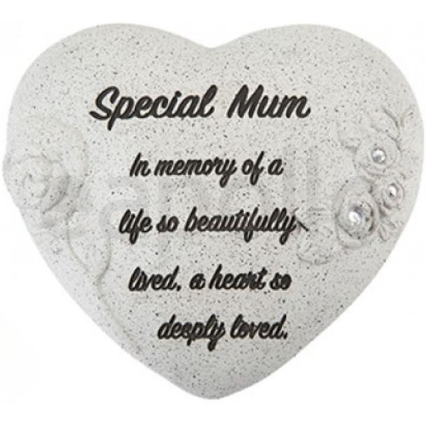 Heart-Shaped Memorial Stone with Diamantes & Rose Detail – Special Mum Tribute (16cm)