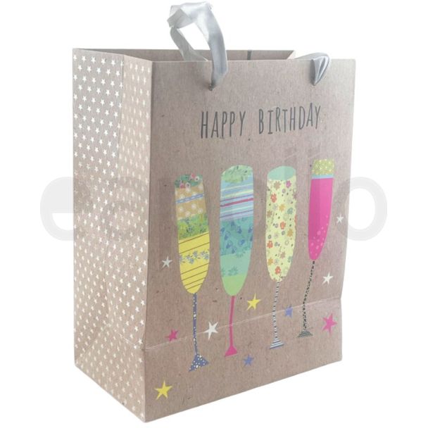 Happy Birthday Wine Glass Design Gift Bag - 23cm