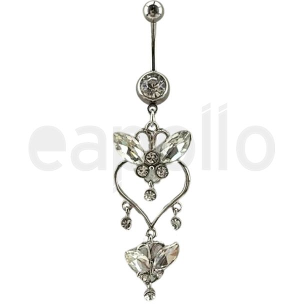 Heart & Leaf Design Belly Bar - Silver - 60mm