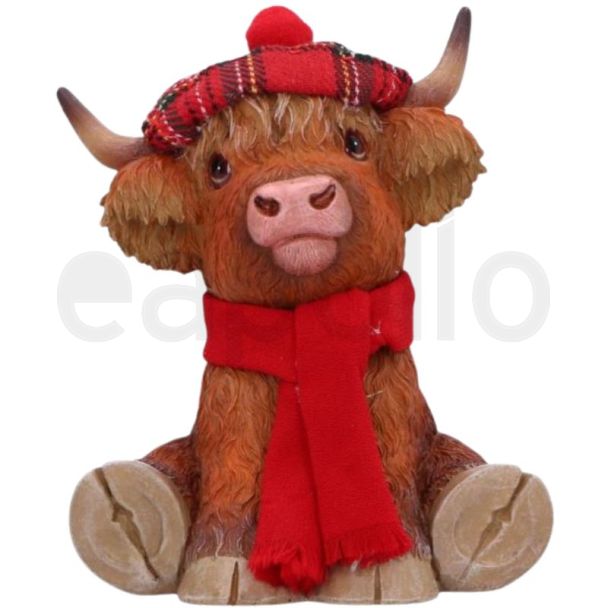 Highland Cow Figurine with Tartan Bonnet and Red Scarf – 11.2cm
