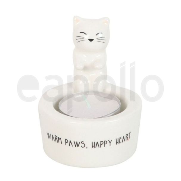 Cat Tealight Holder Warm Paws, Happy Heart 