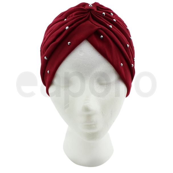 Jersey Turban Hat with Sequins - Maroon Red
