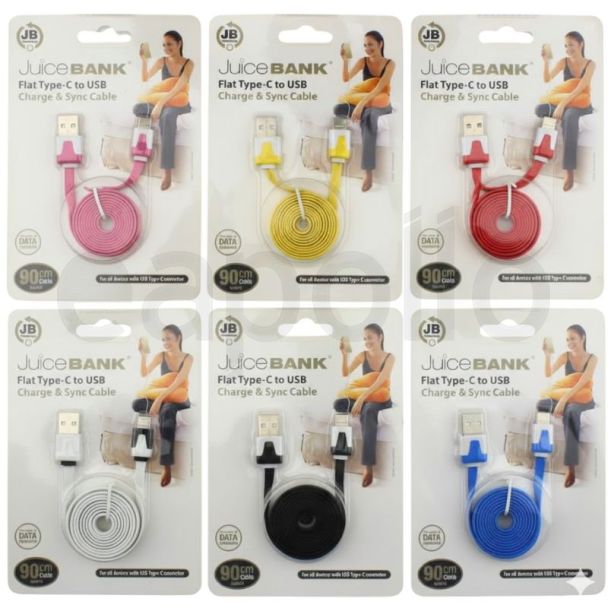 Juice Bank Flat Type-C to USB Cable - Assorted Colours (90cm)