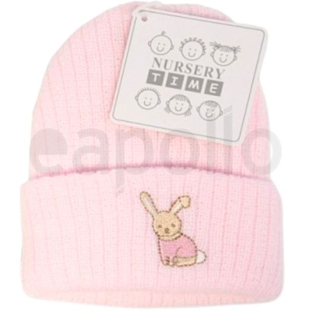 Knitted Baby Hat with Rabbit Embroidery – Pink