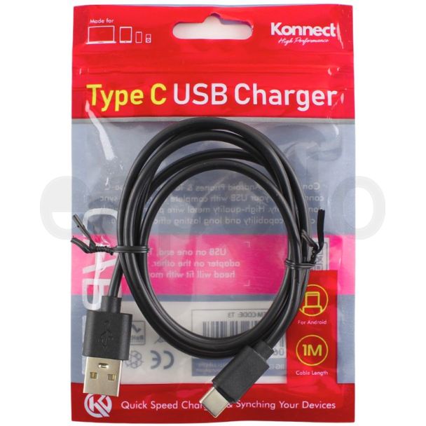 Konnect Charging Cable (USB to Type C) – Black (1m)